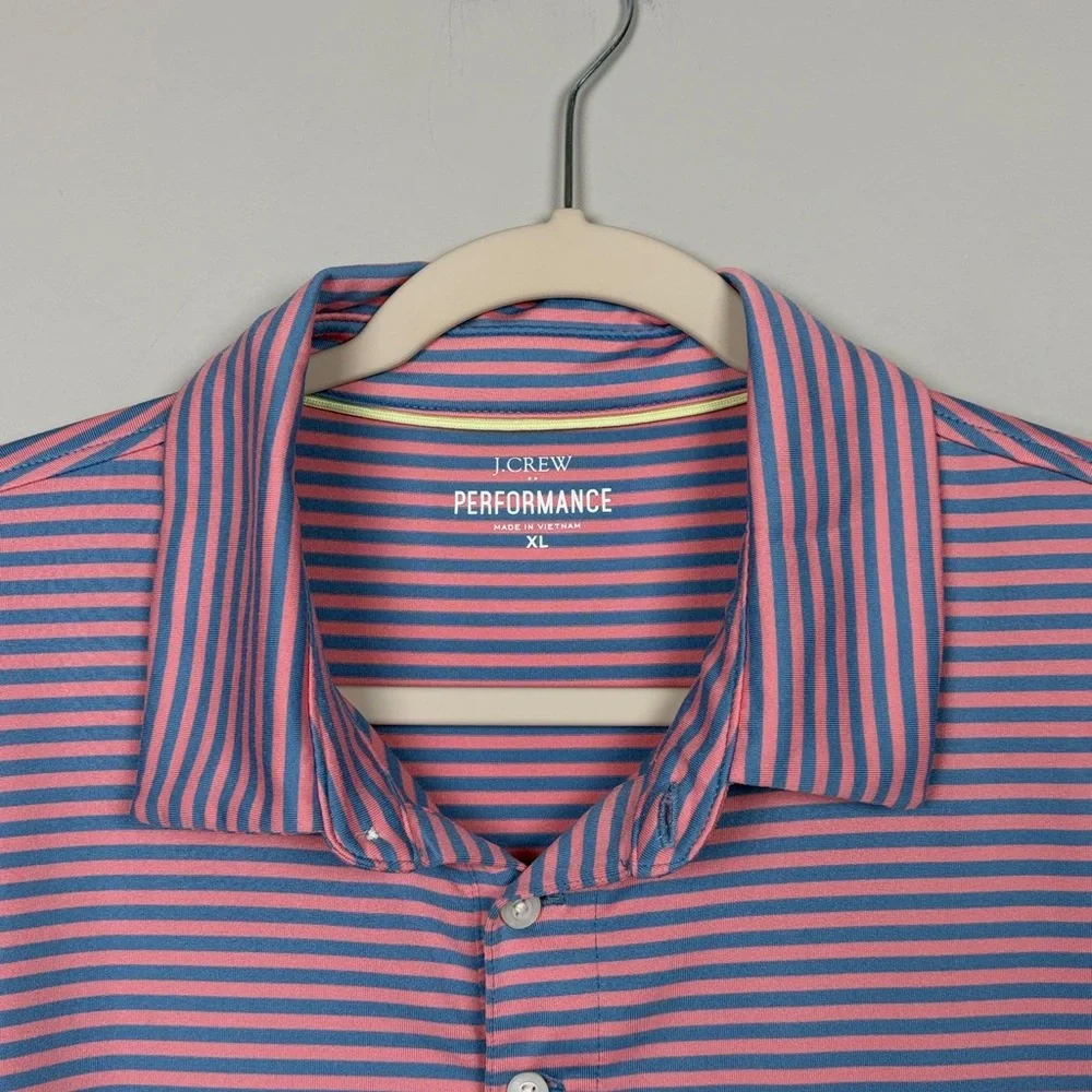 J. Crew Performance Men's Short Sleeve Polo Shirt - Blue and Pink Stripes SZ‎ XL